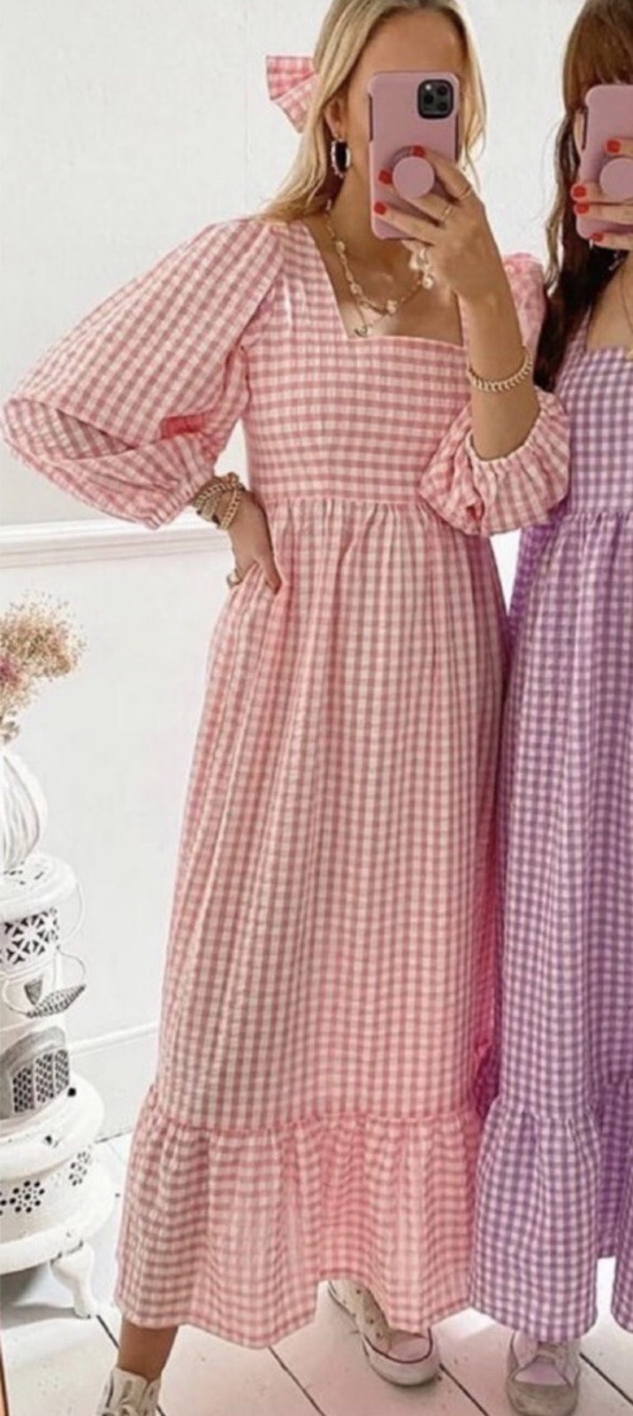 Nwt Molby The Label Pink Gingham Puff Sleeve Maxi Dress Square Neck Size Us 14
